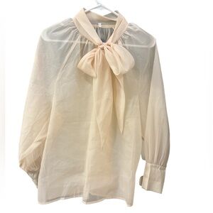 SHEIN Cream Blouse with Puff Sleeves and Tie Front